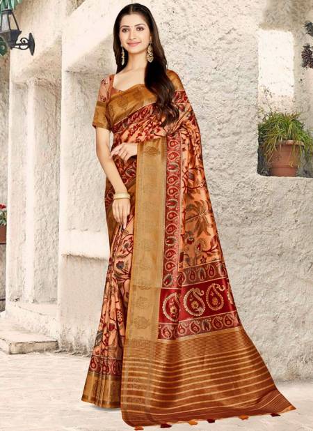 Golden Colour Mintorsi Charming New Latest Designer Printed Tusser Banarasi weave Saree Collection 27607